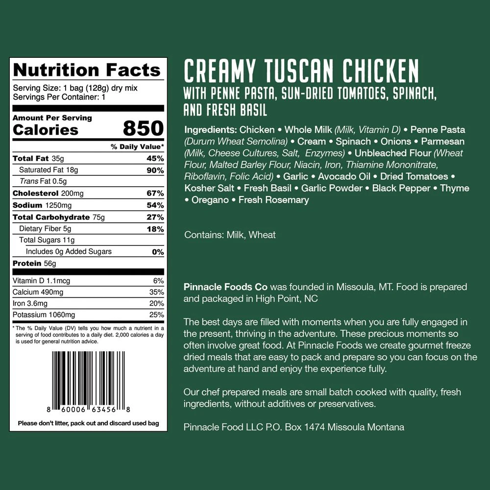 Pinnacle Foods Creamy Tuscan Chicken With Penne Pasta Freeze Dried Meal 2 Pinnacle Foods Creamy Tuscan Chicken With Penne Pasta Freeze Dried Meal - Image 2